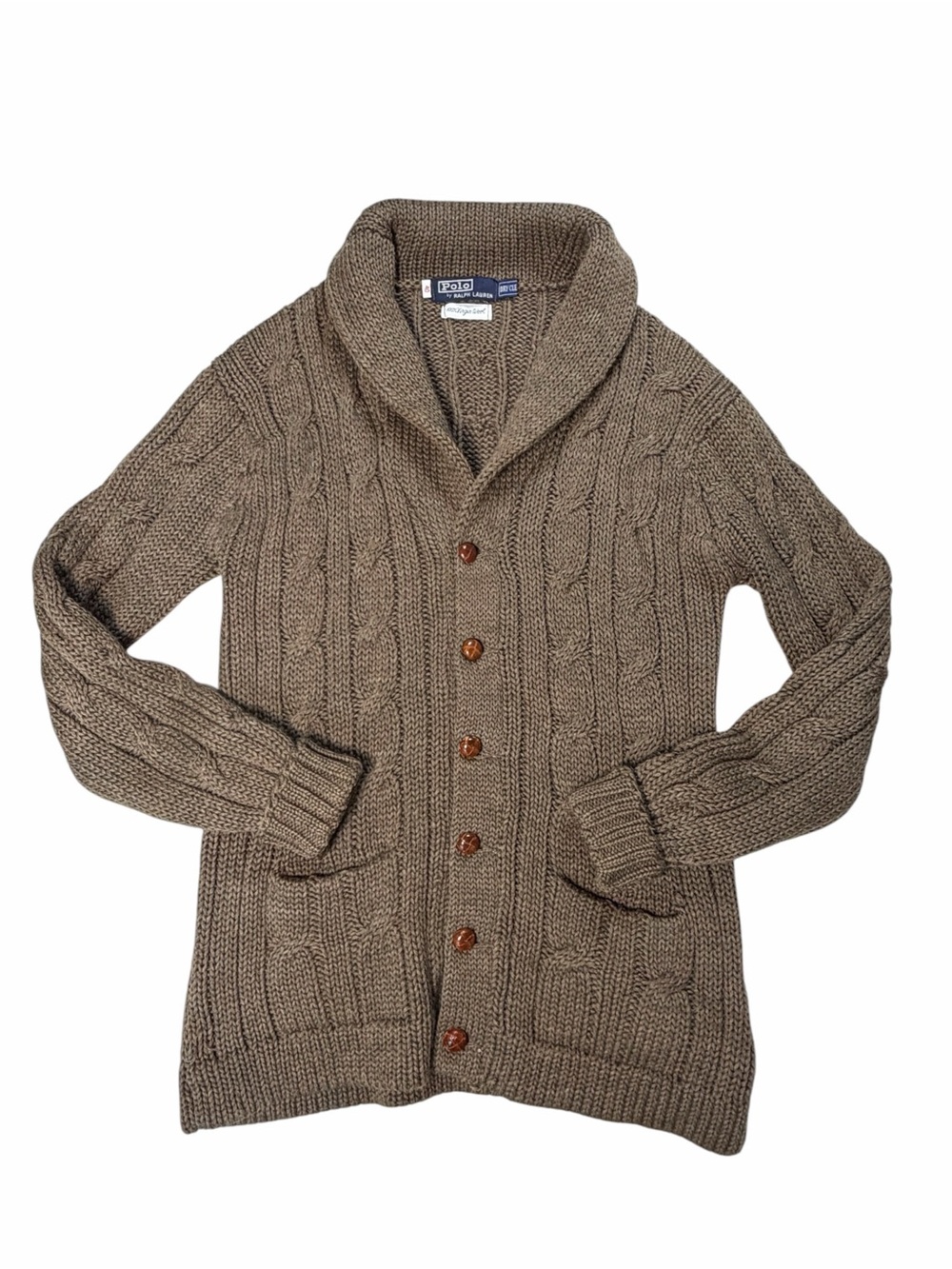 Vintage Polo Ralph Lauren Wool Shawl Collar Cable Knit Cardigan Fisherman